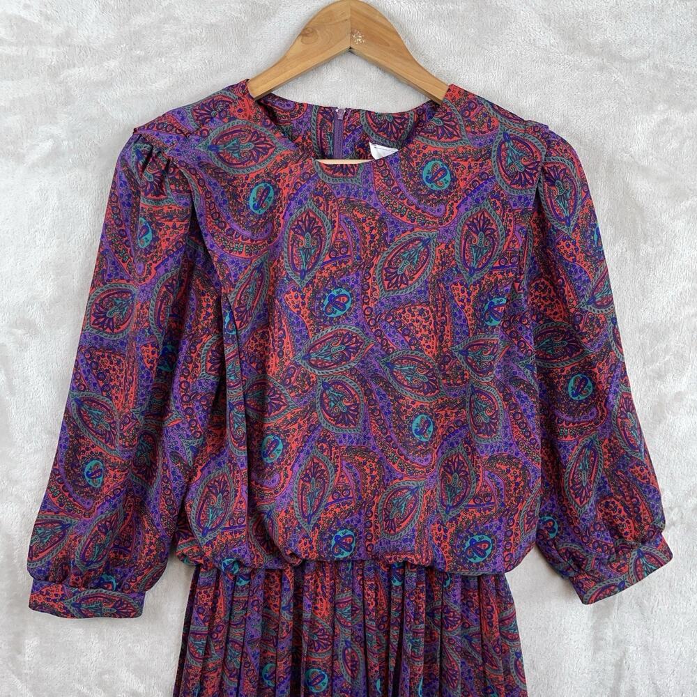 Vintage R.E.O Originals ILWGWU Paisley Pleated Midi Dress Size 10 Academia 80s